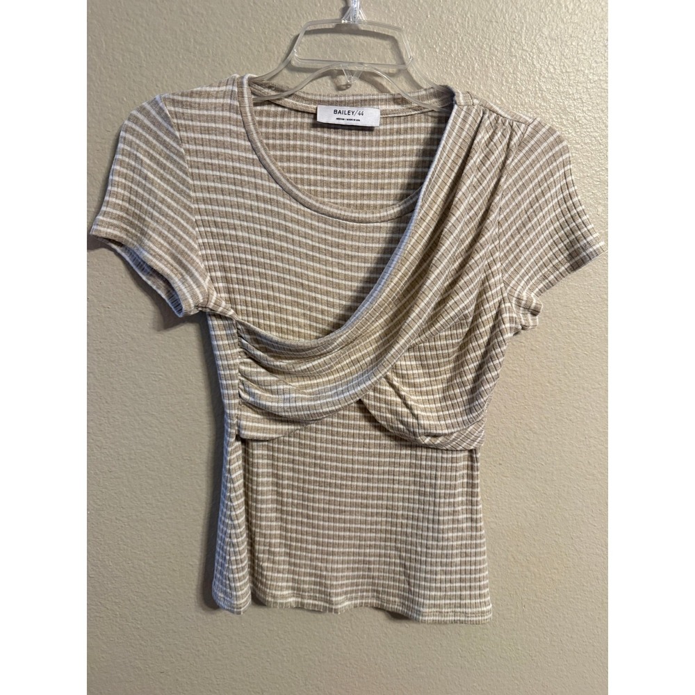 Bailey 44 Womens Medium Tan White Striped Ribbed Draped Front Short Sleeve Top